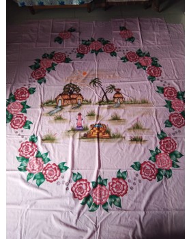 Handpainted cotton double bed sheet with scenery in center